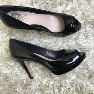 Vince Camuto Black Shiny Peep-Toe Heels
